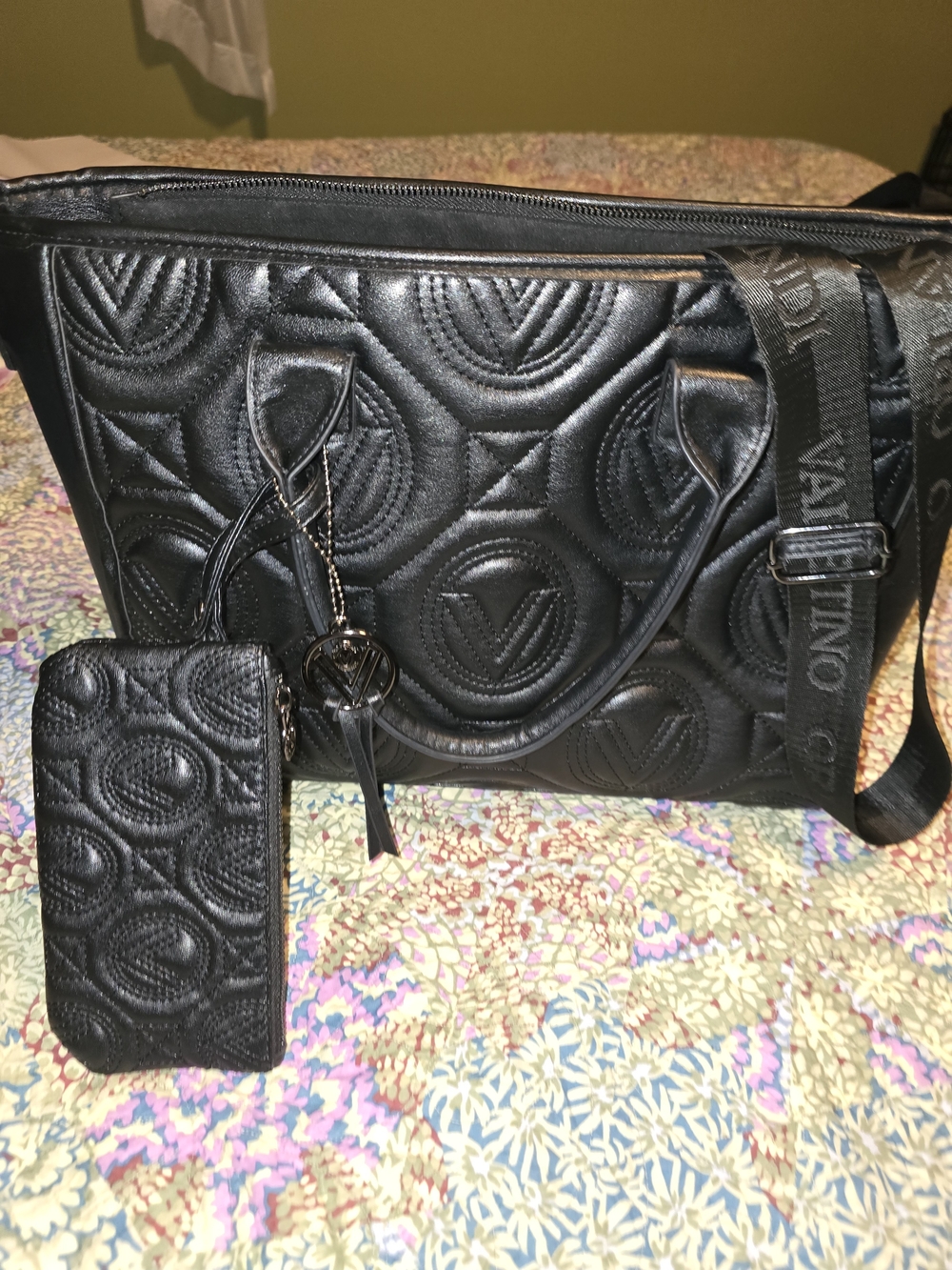 Valentino Orlandi Black Quilted Laptop Tote with Crossbody Strap and Wallet
